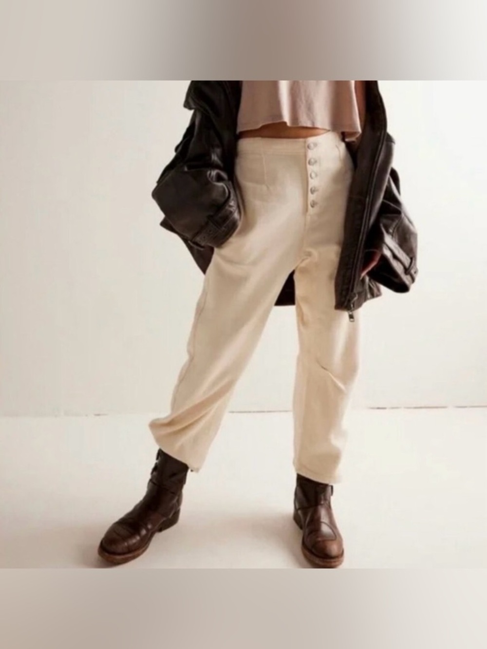 Free People We The Free Osaka Mid Rise Barrel Jeans Cream Button Fly Cropped 26